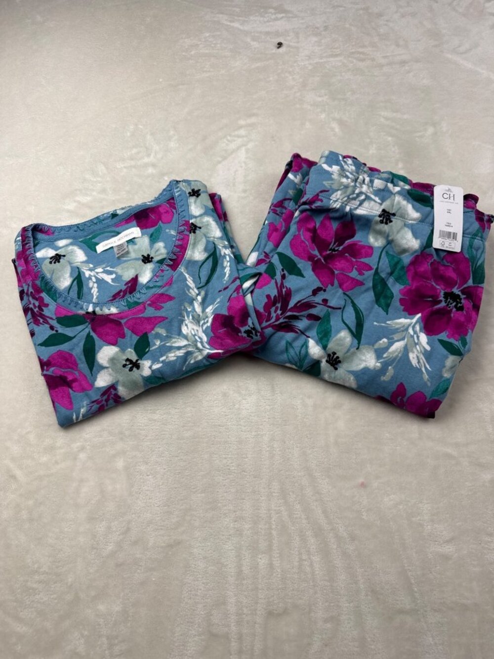 Carole Hochman Womens Floral Blue Pajama Set XXL 3-Piece Cotton Blend Sleepwear